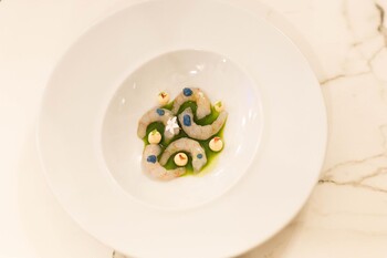 Quisquillas, gel vegetal y granizado de tomate de Eneko Atxa